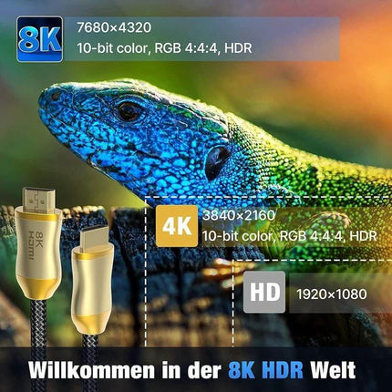 HDMI Cable for TV, Projector, and Device Connections showing 8K, 4K, HD resolutions with gold braided HDMI connectors and lizard backdrop