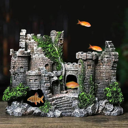 Ancient Castle Aquarium Decor Hideaway For Fish Tank resin castle ornament with moss detailing and fish hiding spots, 17x13x6 cm