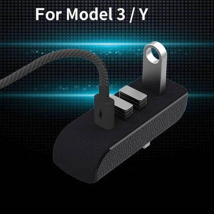 Tesla Model 3/Y Car USB Hub With 3 USB Ports And Type C Port shown installed in glove box with three USB-A ports and one USB-C port