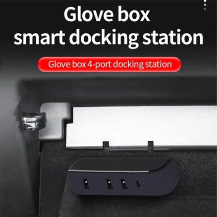 Tesla Model 3/Y Car USB Hub With 3 USB Ports And Type C Port shown installed in glove box as a 4‑port smart docking station