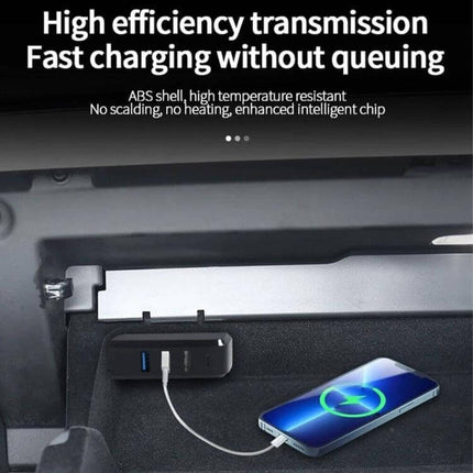 Tesla Model 3/Y Car USB Hub With 3 USB Ports And Type C Port installed in glove box showing 3 USB-A ports and 1 USB-C charging a smartphone