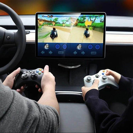 Tesla Model 3/Y Car USB Hub With 3 USB Ports And Type C Port installed in glovebox powering dual controllers for in-car gaming on center screen