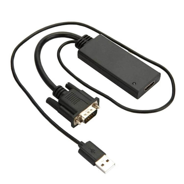 VGA to HDMI Adapter for Computer to TV Connection with USB - black converter cable with VGA, HDMI and USB connectors for display mirroring and audio