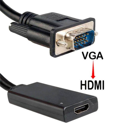 VGA to HDMI Adapter for Computer to TV Connection with USB cable showing VGA plug to HDMI converter for presentations and home office