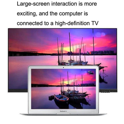 VGA to HDMI Adapter for Computer to TV Connection with USB showing laptop mirrored to large TV display