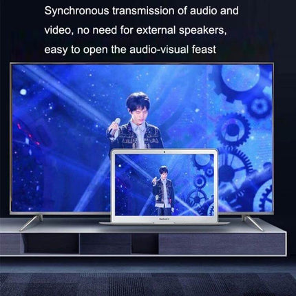 VGA to HDMI Adapter for Computer to TV Connection with USB showing laptop mirrored to large TV with audio via USB