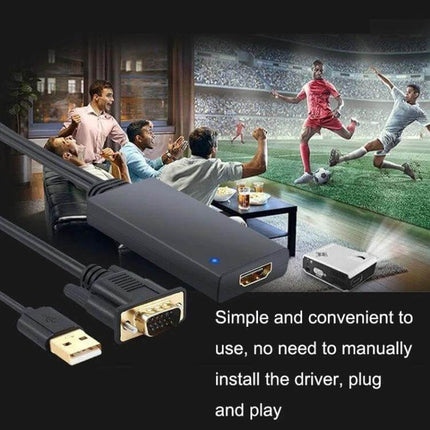 VGA to HDMI Adapter for Computer to TV Connection with USB showing plug-and-play cable and people watching soccer on big screen