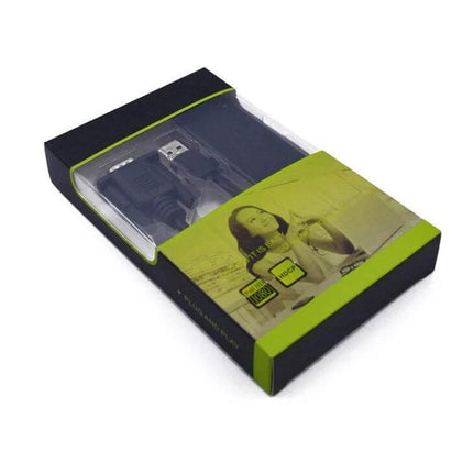 VGA to HDMI Adapter for Computer to TV Connection with USB in retail packaging showing VGA cable, HDMI connector and USB power/audio port