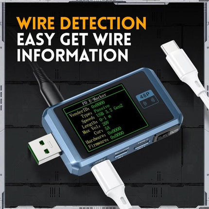 Fnirsi Usb Mobile Phone Charger Safety Detector With Bluetooth showing display of voltage current power and USB-C connectors for wire detection