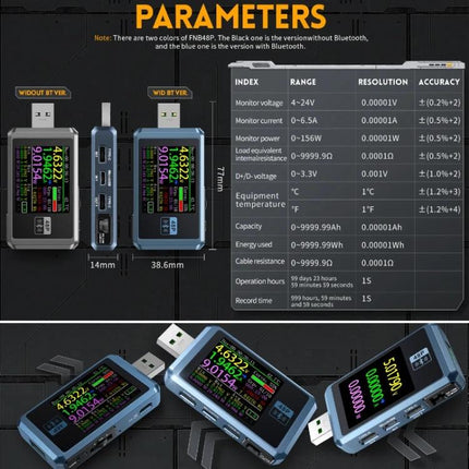 Fnirsi Usb Mobile Phone Charger Safety Detector With Bluetooth compact USB tester showing voltage current power readings on color display and device dimensions