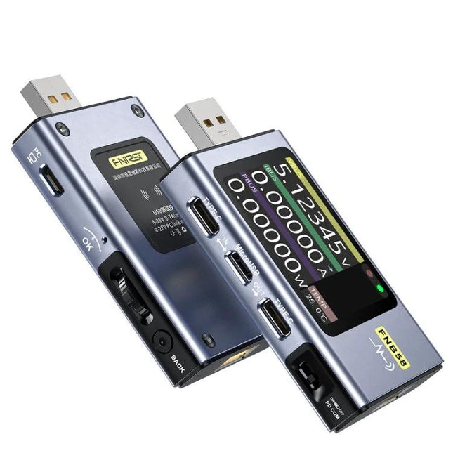 FNIRSI Type-C USB Voltage and Current Tester for Charging Devices showing dual testers with USB-C ports and digital voltage/current display