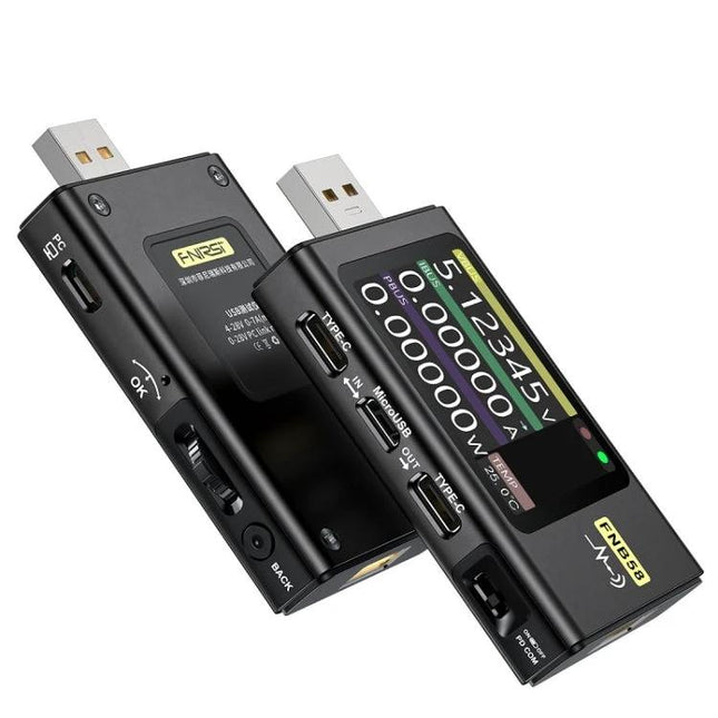 FNIRSI Type-C USB Voltage and Current Tester for Charging Devices showing display with voltage current readings and USB Type-C ports