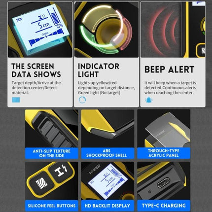 FNIRSI Multifunctional Wall Metal and Wire Detector close-up showing HD backlit display, indicator light, beep alert, anti-slip texture, silicone buttons, and Type-C charging