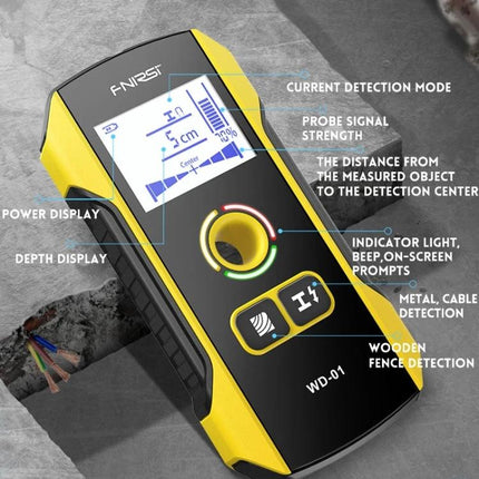 FNIRSI Multifunctional Wall Metal and Wire Detector handheld scanner showing display and labeled detection features for metal, cable and wooden detection