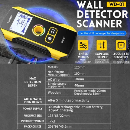 FNIRSI Multifunctional Wall Metal and Wire Detector handheld scanner showing LCD, detection modes, and max detection depth specs