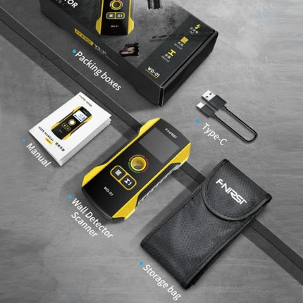 FNIRSI Multifunctional Wall Metal and Wire Detector handheld scanner with Type-C cable, manual, storage bag and packaging for home renovations