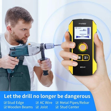 FNIRSI Multifunctional Wall Metal and Wire Detector held in hand detecting studs and wires near a man drilling to prevent damage