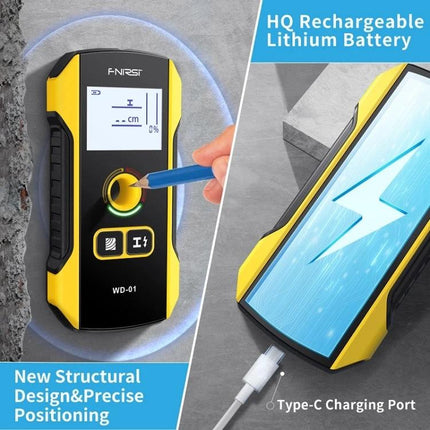 FNIRSI Multifunctional Wall Metal and Wire Detector handheld device detecting metal and wires in wall with Type-C charging port