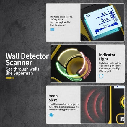 FNIRSI Multifunctional Wall Metal and Wire Detector showing display, indicator lights, and beep alert for locating metals and wires
