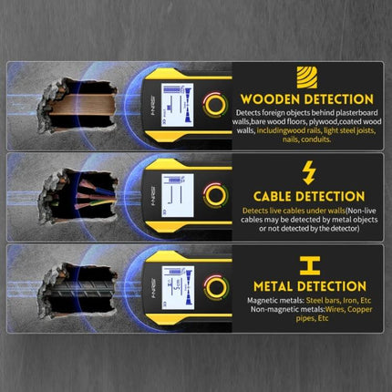 FNIRSI Multifunctional Wall Metal and Wire Detector showing wooden, cable, and metal detection modes for walls and floors