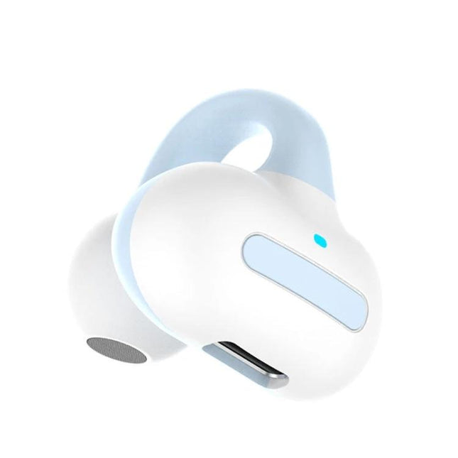 Single Clip On Bluetooth Earphone For Hands Free Calls in blue white, lightweight clip design for commuting and remote work