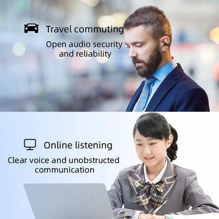 Single Clip On Bluetooth Earphone For Hands Free Calls shown in black on commuter and student using one-ear
