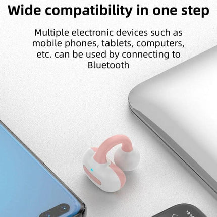 Single Clip On Bluetooth Earphone For Hands Free Calls pink clip-on earpiece beside phone and laptop, commuting and remote work use
