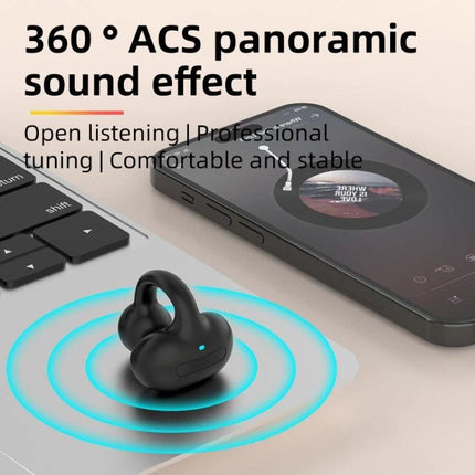 Single Clip On Bluetooth Earphone For Hands Free Calls compact clip-on earbud shown near phone and laptop for commuting use