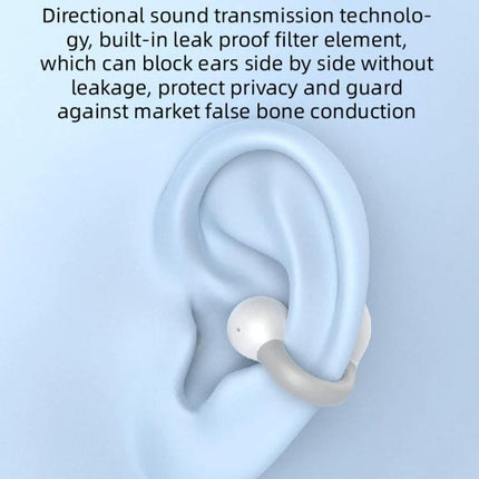 Single Clip On Bluetooth Earphone For Hands Free Calls shown clipped to ear in white demonstrating directional sound and leak-proof design