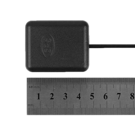 External Vehicle GPS Antenna for Satellite Navigation with 1.7m Cable — compact black external GPS antenna with 1.7m cable shown next to ruler for scale