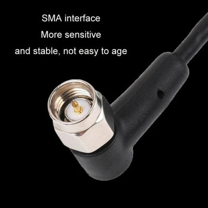 External Vehicle GPS Antenna for Satellite Navigation with 1.7m Cable - close-up of black antenna with right-angle SMA connector and 1.7m RG174 cable