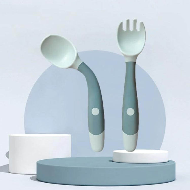 Children Training Tableware Bendable Silicone Soft Spoon for Self Feeding - bendable spoon and fork set for baby self-feeding, food-grade PP TPE, spill-reducing baffle