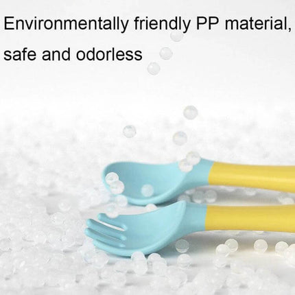 Children Training Tableware Bendable Silicone Soft Spoon for Self Feeding - blue and yellow bendable spoon and fork set made from food-grade PP for baby self-feeding