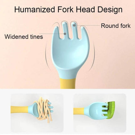 Children Training Tableware Bendable Silicone Soft Spoon for Self Feeding baby-friendly bendable fork and spoon with widened tines and curved spoon bowl, food-grade PP TPE