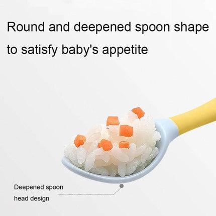 Children Training Tableware Bendable Silicone Soft Spoon for Self Feeding - curved deep spoon head with rice and veggies for baby self-feeding