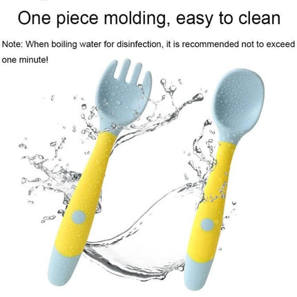 Children Training Tableware Bendable Silicone Soft Spoon for Self Feeding - bendable baby spoon and fork set in blue and yellow, one-piece, easy to clean