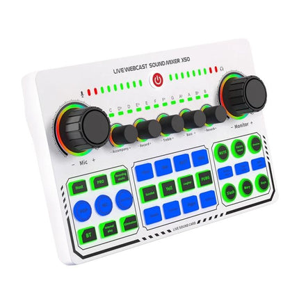 Sound Card for Everyday Live Streaming and Content Creation - compact white live webcast sound mixer with knobs, buttons and one-key noise reduction