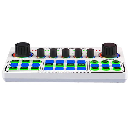 Sound Card for Everyday Live Streaming and Content Creation – compact white audio mixer with knobs and backlit buttons for one-key noise reduction