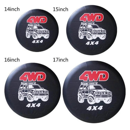 PVC Faux Leather Spare Wheel Cover for 14-17 Inch Tires - black 4WD 4x4 design protects 14"-17" tires from UV, rain, dirt