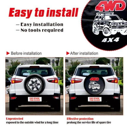 PVC Faux Leather Spare Wheel Cover for 14-17 Inch Tires on SUV showing before and after installation, easy to install, protects spare tire