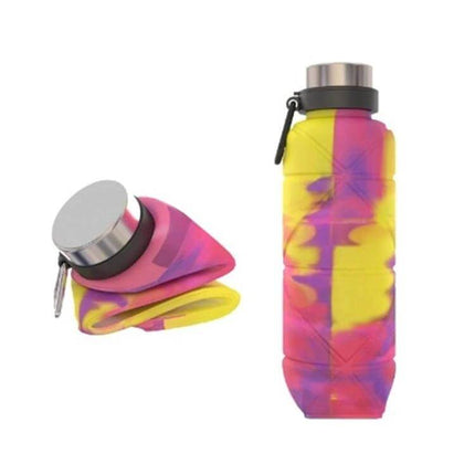 Outdoor Silicone Folding Water Cup Blue For Travel And Outdoors - Foldable 700ml travel cup shown folded and expanded in pink yellow tie-dye