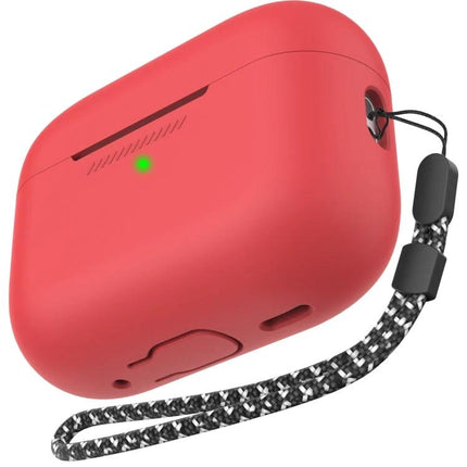 Alt Tag: AhaStyle Silicone Case for AirPods Pro 2 Daily Protection red silicone case with lanyard and LED access