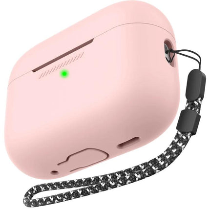 AhaStyle Silicone Case for AirPods Pro 2 Daily Protection in pink with lanyard showing LED cutout and slim shockproof silicone cover