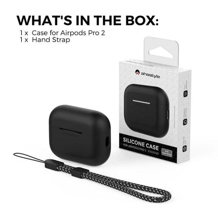 AhaStyle Silicone Case for AirPods Pro 2 Daily Protection – black silicone case with lanyard and retail box