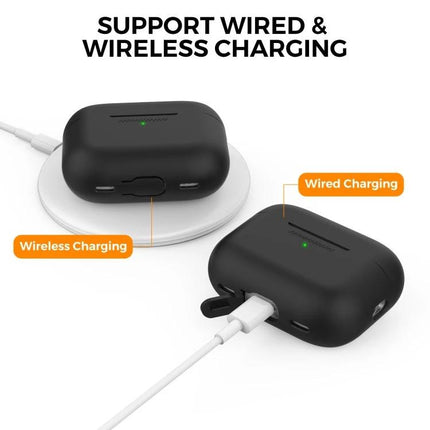 AhaStyle Silicone Case for AirPods Pro 2 Daily Protection — black case shown on wireless pad and with wired charging cable connected