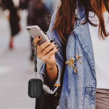 AhaStyle Silicone Case for AirPods Pro 2 Daily Protection hanging from lanyard on a commuter’s bag for easy access and drop protection