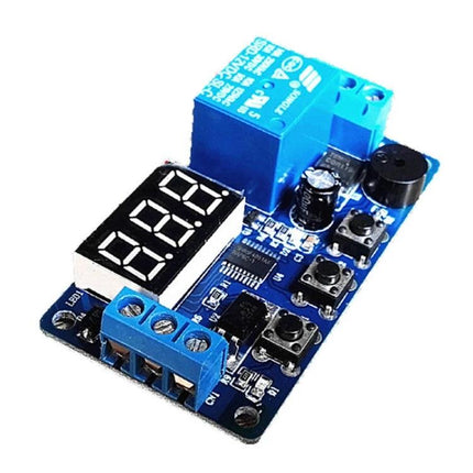 Timing Delay Relay Module for Automotive Control Systems - blue circuit board with LED display, relay, buttons and terminals