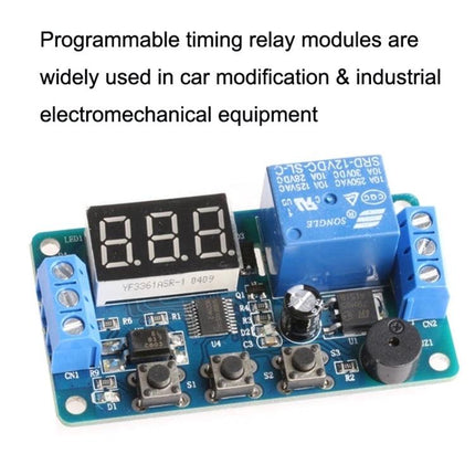 Timing Delay Relay Module for Automotive Control Systems - programmable timing relay module with LED display and blue relay for car and industrial use