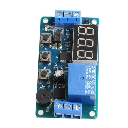 Timing Delay Relay Module for Automotive Control Systems - blue PCB with digital display, relay, buttons and terminal blocks