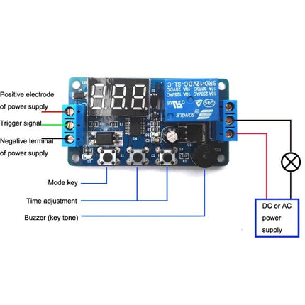 Timing Delay Relay Module for Automotive Control Systems compact board with digital display, buttons and relay for delaying starter and lighting